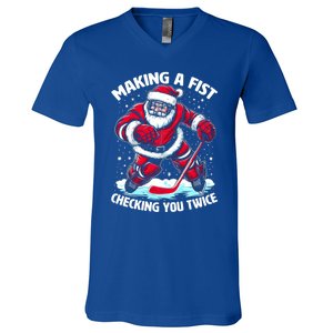 Making A Fist Checking You Twice Santa Hockey Christmas Gift V-Neck T-Shirt