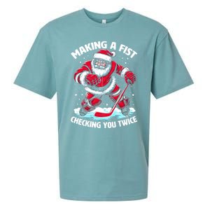 Making A Fist Checking You Twice Santa Hockey Christmas Gift Sueded Cloud Jersey T-Shirt