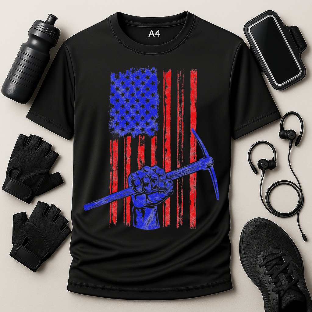 Miner American Flag Mining Gift Pick Usa Patriotic Cooling Performance Crew T-Shirt