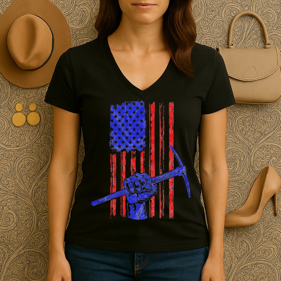 Miner American Flag Mining Gift Pick Usa Patriotic Women's V-Neck T-Shirt