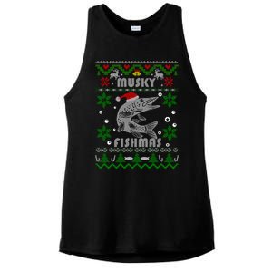 Muskie Angler Fishmas Musky Fishing Funny Gift Ugly Christmas Gift Ladies PosiCharge Tri-Blend Wicking Tank