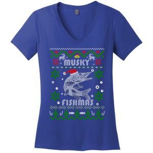 Muskie Angler Fishmas Musky Fishing Funny Gift Ugly Christmas Gift Women's V-Neck T-Shirt