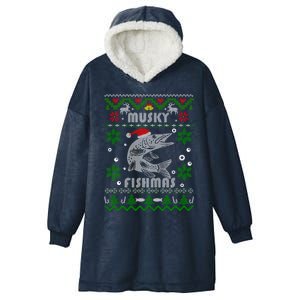 Muskie Angler Fishmas Musky Fishing Funny Gift Ugly Christmas Gift Hooded Wearable Blanket