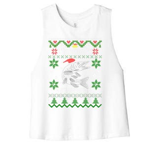 Muskie Angler Fishmas Musky Fishing Funny Gift Ugly Christmas Gift Women's Racerback Cropped Tank