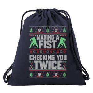 Making A Fist Checking You Twice Ugly Christmas Funny Hockey  Drawstring Bag