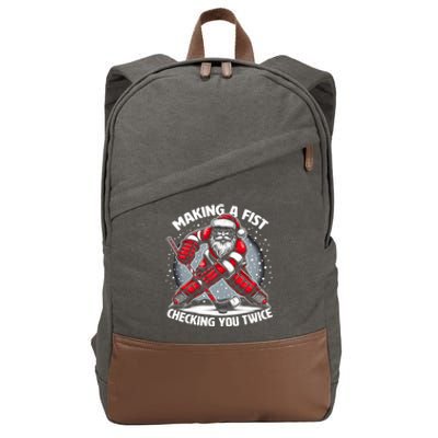 Making A Fist Checking You Twice Ugly Christmas Santa Hockey Gift Cotton Canvas Backpack