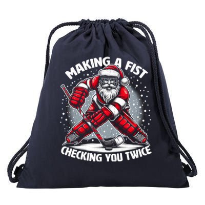 Making A Fist Checking You Twice Ugly Christmas Santa Hockey Gift Drawstring Bag