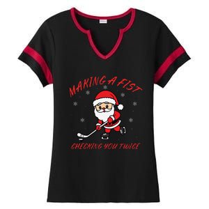 Making A Fist Checking You Twice Ice Hockey Xmas Snowflakes Ladies Halftime Notch Neck Tee