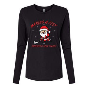 Making A Fist Checking You Twice Ice Hockey Xmas Snowflakes Womens Cotton Relaxed Long Sleeve T-Shirt