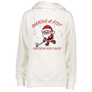 Making A Fist Checking You Twice Ice Hockey Xmas Snowflakes Womens Funnel Neck Pullover Hood