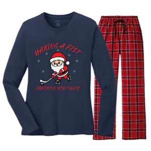 Making A Fist Checking You Twice Ice Hockey Xmas Snowflakes Women's Long Sleeve Flannel Pajama Set 