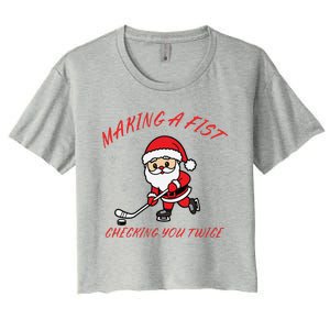 Making A Fist Checking You Twice Ice Hockey Xmas Snowflakes Women's Crop Top Tee