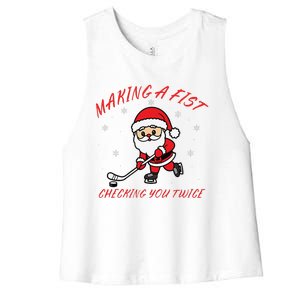 Making A Fist Checking You Twice Ice Hockey Xmas Snowflakes Women's Racerback Cropped Tank