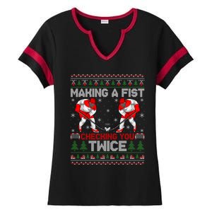 Making A Fist Checking You Twice Ugly Ice Hockey Christmas Gift Ladies Halftime Notch Neck Tee