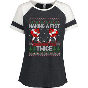 Making A Fist Checking You Twice Ugly Ice Hockey Christmas Gift Enza Ladies Jersey Colorblock Tee