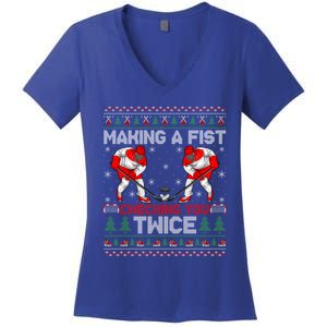 Making A Fist Checking You Twice Ugly Ice Hockey Christmas Gift Women's V-Neck T-Shirt