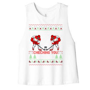 Making A Fist Checking You Twice Ugly Ice Hockey Christmas Gift Women's Racerback Cropped Tank