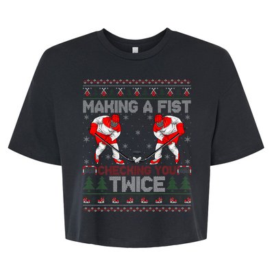 Making A Fist Checking You Twice Ugly Ice Hockey Christmas Bella+Canvas Jersey Crop Tee