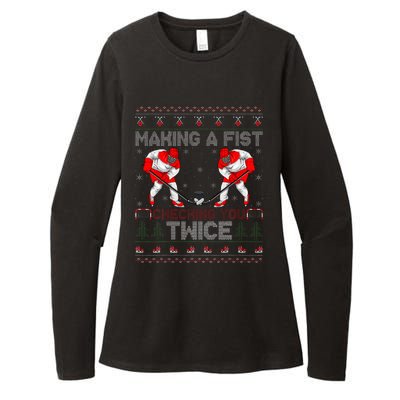 Making A Fist Checking You Twice Ugly Ice Hockey Christmas Womens CVC Long Sleeve Shirt