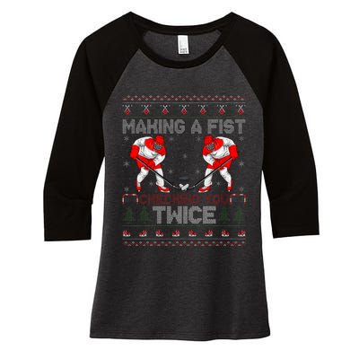 Making A Fist Checking You Twice Ugly Ice Hockey Christmas Women's Tri-Blend 3/4-Sleeve Raglan Shirt