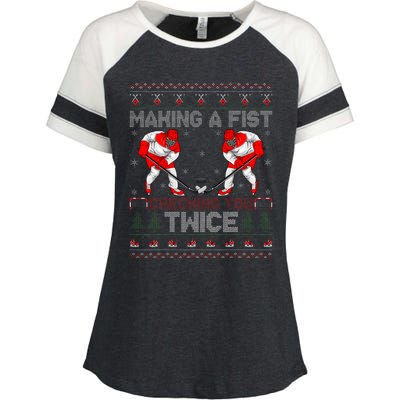 Making A Fist Checking You Twice Ugly Ice Hockey Christmas Enza Ladies Jersey Colorblock Tee