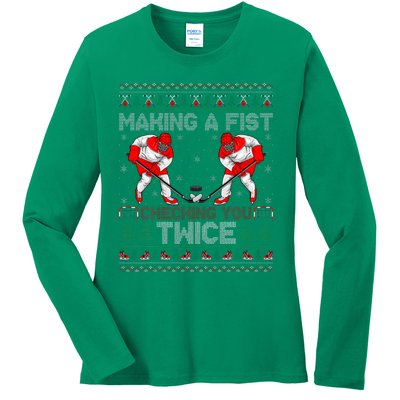 Making A Fist Checking You Twice Ugly Ice Hockey Christmas Ladies Long Sleeve Shirt