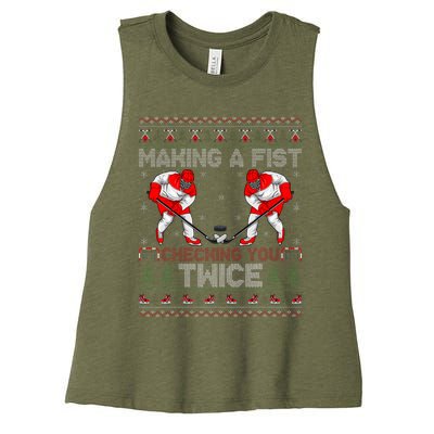 Making A Fist Checking You Twice Ugly Ice Hockey Christmas Women's Racerback Cropped Tank