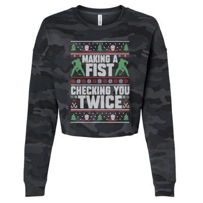 Making A Fist Checking You Twice Hockey Player Christmas Cool Gift Cropped Pullover Crew