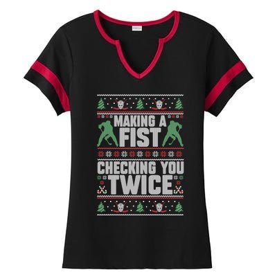 Making A Fist Checking You Twice Hockey Player Christmas Cool Gift Ladies Halftime Notch Neck Tee