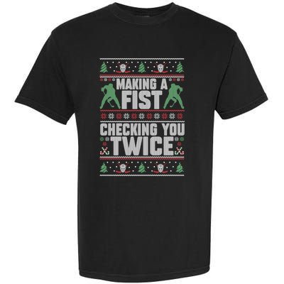 Making A Fist Checking You Twice Hockey Player Christmas Cool Gift Garment-Dyed Heavyweight T-Shirt