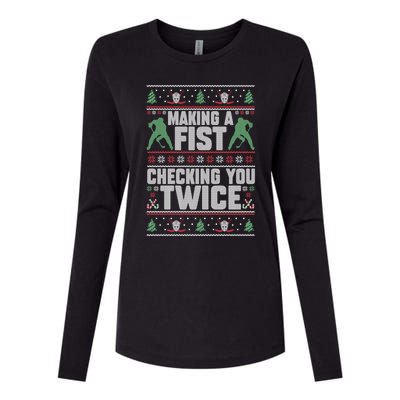 Making A Fist Checking You Twice Hockey Player Christmas Cool Gift Womens Cotton Relaxed Long Sleeve T-Shirt