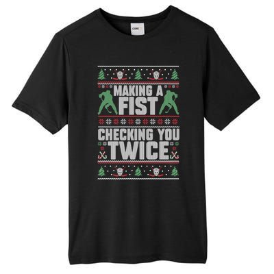 Making A Fist Checking You Twice Hockey Player Christmas Cool Gift Tall Fusion ChromaSoft Performance T-Shirt