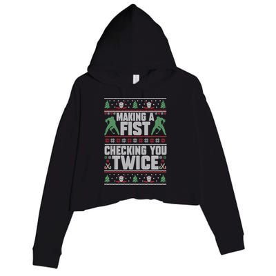 Making A Fist Checking You Twice Hockey Player Christmas Cool Gift Crop Fleece Hoodie