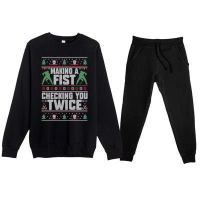 Making A Fist Checking You Twice Hockey Player Christmas Cool Gift Premium Crewneck Sweatsuit Set