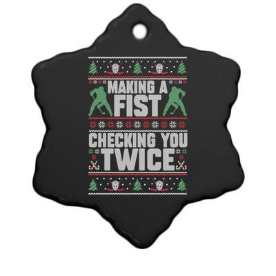 Making A Fist Checking You Twice Hockey Player Christmas Cool Gift Ceramic Star Ornament