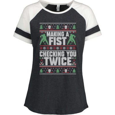 Making A Fist Checking You Twice Hockey Player Christmas Cool Gift Enza Ladies Jersey Colorblock Tee