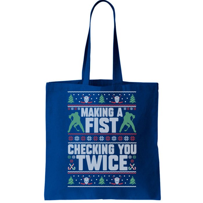 Making A Fist Checking You Twice Hockey Player Christmas Cool Gift Tote Bag