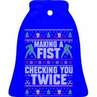 Making A Fist Checking You Twice Hockey Player Christmas Cool Gift Ceramic Bell Ornament