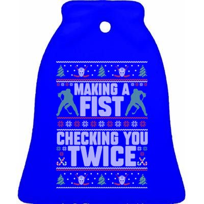 Making A Fist Checking You Twice Hockey Player Christmas Cool Gift Ceramic Bell Ornament