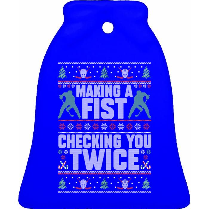 Making A Fist Checking You Twice Hockey Player Christmas Cool Gift Ceramic Bell Ornament