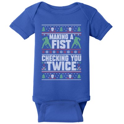 Making A Fist Checking You Twice Hockey Player Christmas Cool Gift Baby Bodysuit