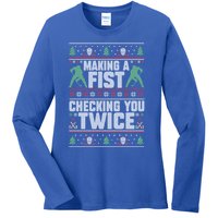 Making A Fist Checking You Twice Hockey Player Christmas Cool Gift Ladies Long Sleeve Shirt