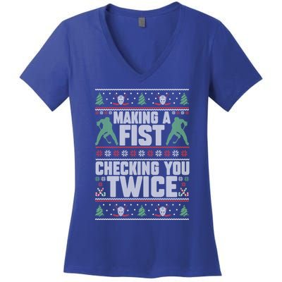 Making A Fist Checking You Twice Hockey Player Christmas Cool Gift Women's V-Neck T-Shirt