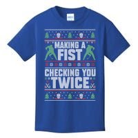 Making A Fist Checking You Twice Hockey Player Christmas Cool Gift Kids T-Shirt