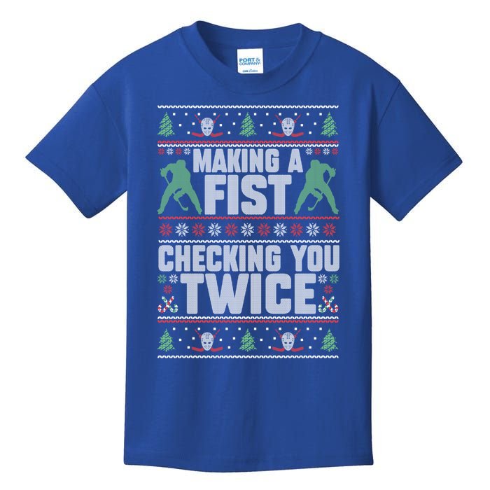 Making A Fist Checking You Twice Hockey Player Christmas Cool Gift Kids T-Shirt