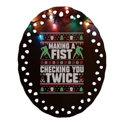 Making A Fist Checking You Twice Hockey Player Christmas Cool Gift Ceramic Oval Ornament