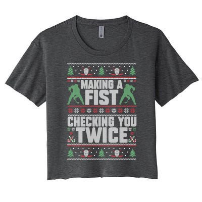 Making A Fist Checking You Twice Hockey Player Christmas Cool Gift Women's Crop Top Tee