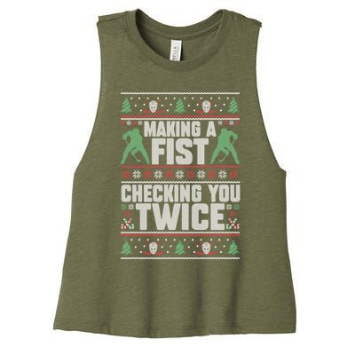 Making A Fist Checking You Twice Hockey Player Christmas Cool Gift Women's Racerback Cropped Tank