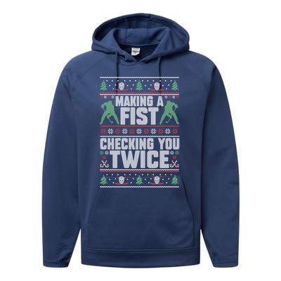 Making A Fist Checking You Twice Hockey Player Christmas Cool Gift Performance Fleece Hoodie