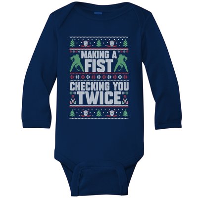 Making A Fist Checking You Twice Hockey Player Christmas Cool Gift Baby Long Sleeve Bodysuit